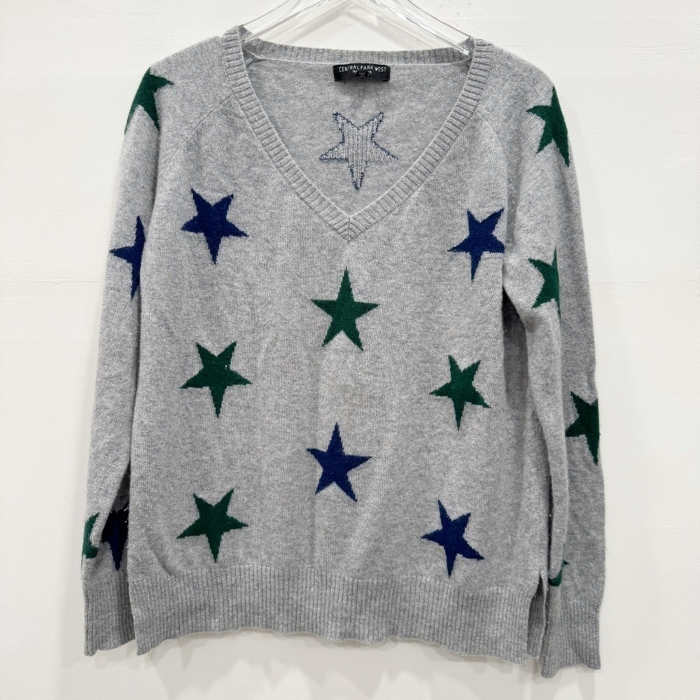 Central Park West Cashmere Grey Star Print Sweater Large